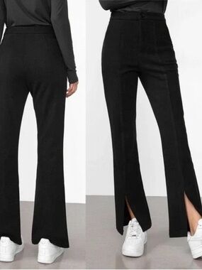 Black High-Rise Flare Pants with Front Slits